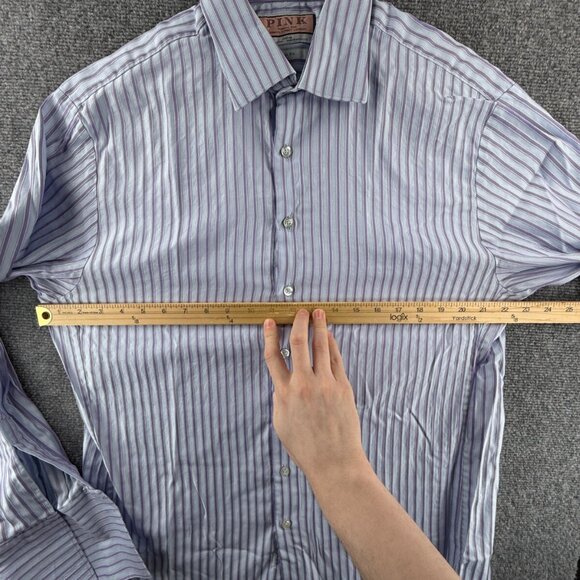 Thomas Pink Long Sleeve Button Up Shirt Cotton Slim Fit 17 French Cuff Striped - Picture 5 of 15